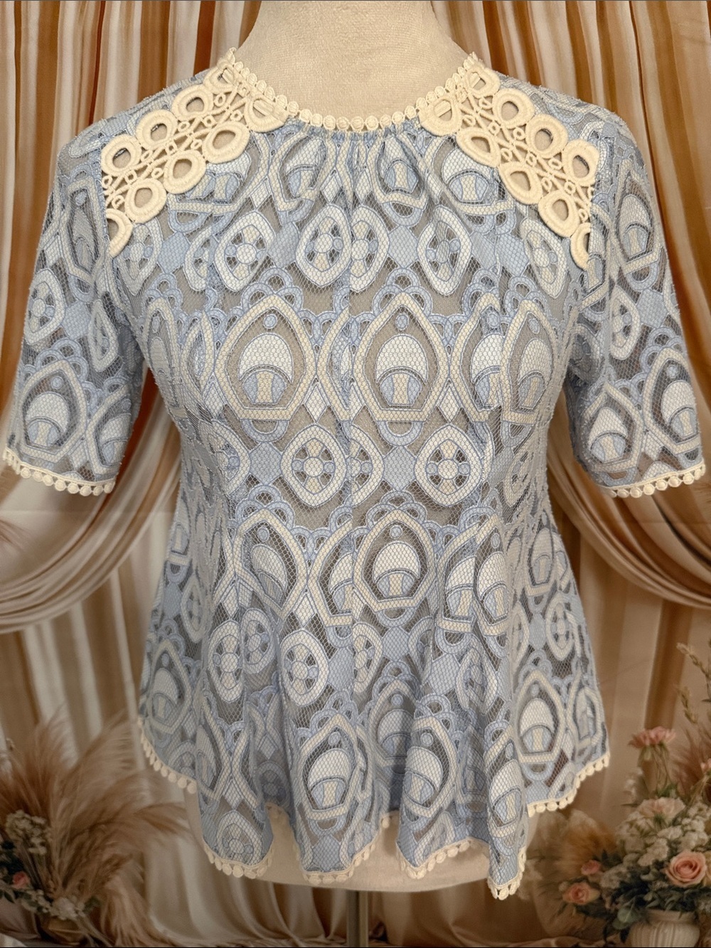 HD in Paris Light Blue Lace Peplum Top with Cream Crochet Accents NWOT